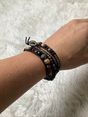 Karma and Luck Black Leather Wrap Jasper Gemstone Beaded Bracelet Boho F18-61